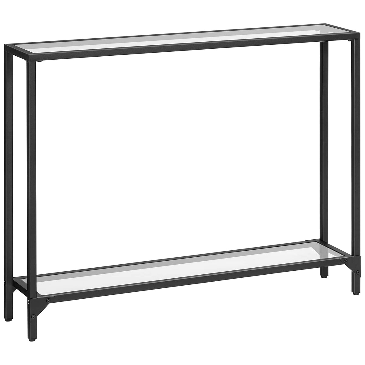 Console table with glass top and black metal frame on a white background