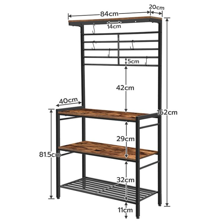 HOOBRO Bäcker Rack mit hohem Display Regal, Küche Mikrowelle Stand, Aufbewahrungsregal mit 2 Holzregalen und Mesh Panel, Kücheninsel Rack mit 6 Haken, justierbare Füße