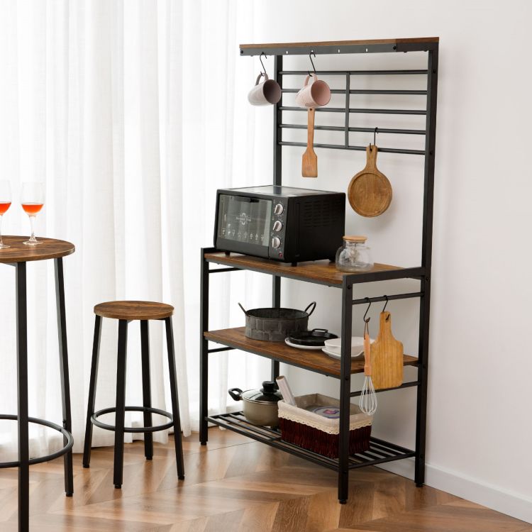 HOOBRO Bäcker Rack mit hohem Display Regal, Küche Mikrowelle Stand, Aufbewahrungsregal mit 2 Holzregalen und Mesh Panel, Kücheninsel Rack mit 6 Haken, justierbare Füße