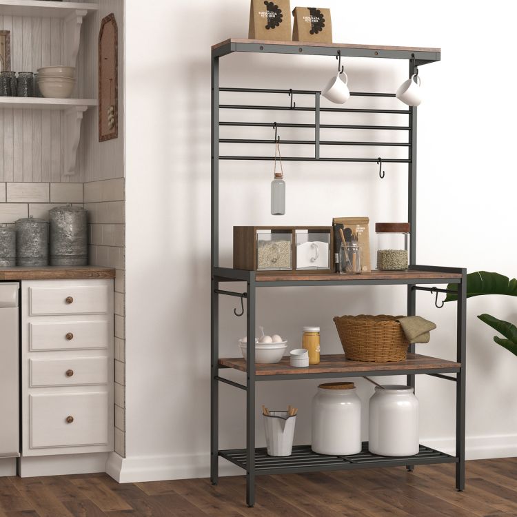 HOOBRO Bäcker Rack mit hohem Display Regal, Küche Mikrowelle Stand, Aufbewahrungsregal mit 2 Holzregalen und Mesh Panel, Kücheninsel Rack mit 6 Haken, justierbare Füße