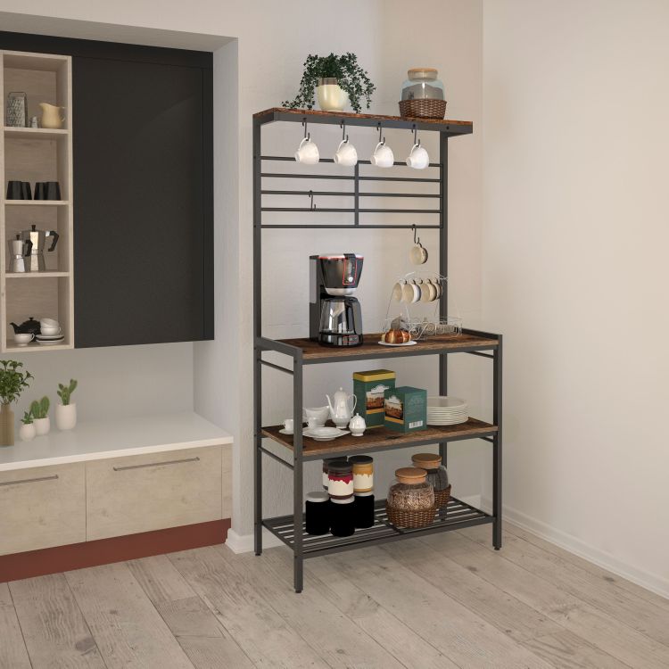 HOOBRO Bäcker Rack mit hohem Display Regal, Küche Mikrowelle Stand, Aufbewahrungsregal mit 2 Holzregalen und Mesh Panel, Kücheninsel Rack mit 6 Haken, justierbare Füße