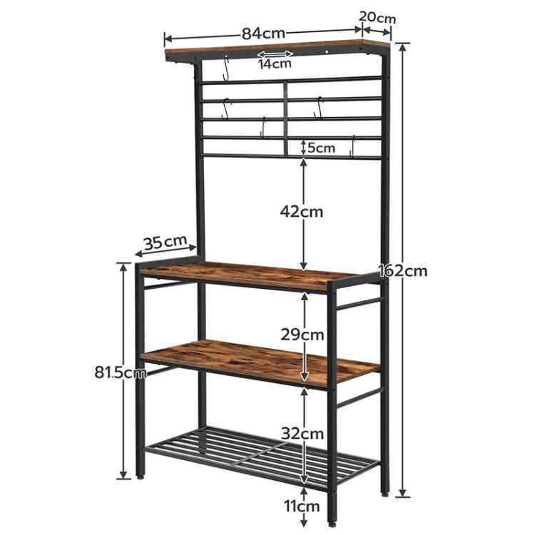 HOOBRO Bäcker Rack mit hohem Display Regal, Küche Mikrowelle Stand, Aufbewahrungsregal mit 2 Holzregalen und Mesh Panel, Kücheninsel Rack mit 6 Haken, justierbare Füße