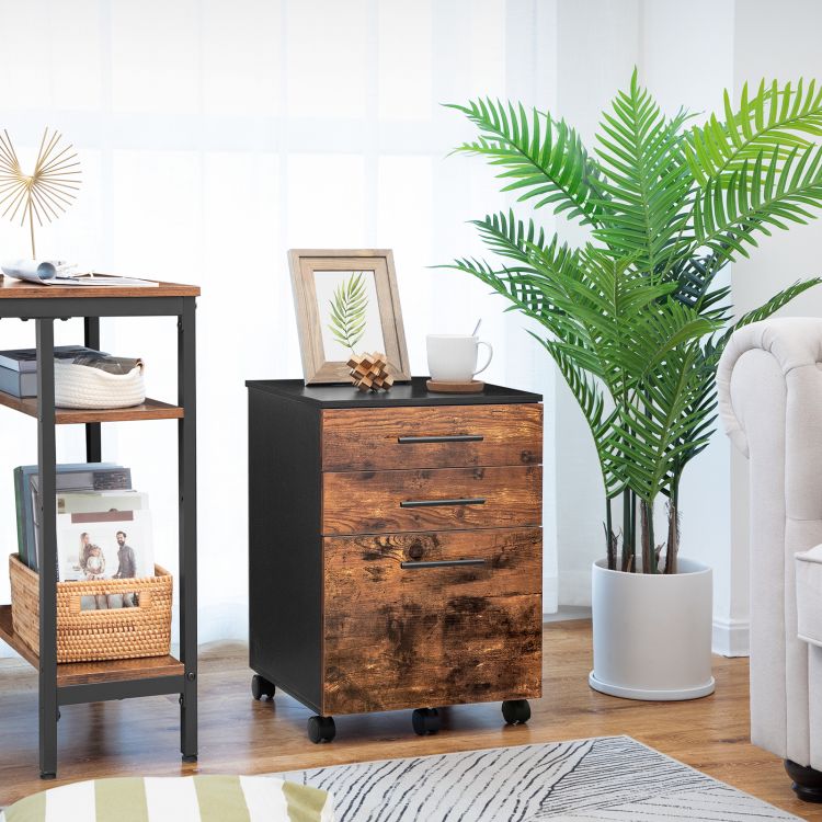 HOOBRO Rollcontainer, Rollen Aktenschrank mit 3 Schubladen, mobiler Büroschrank mit hängenden Aktenfächern, Büro