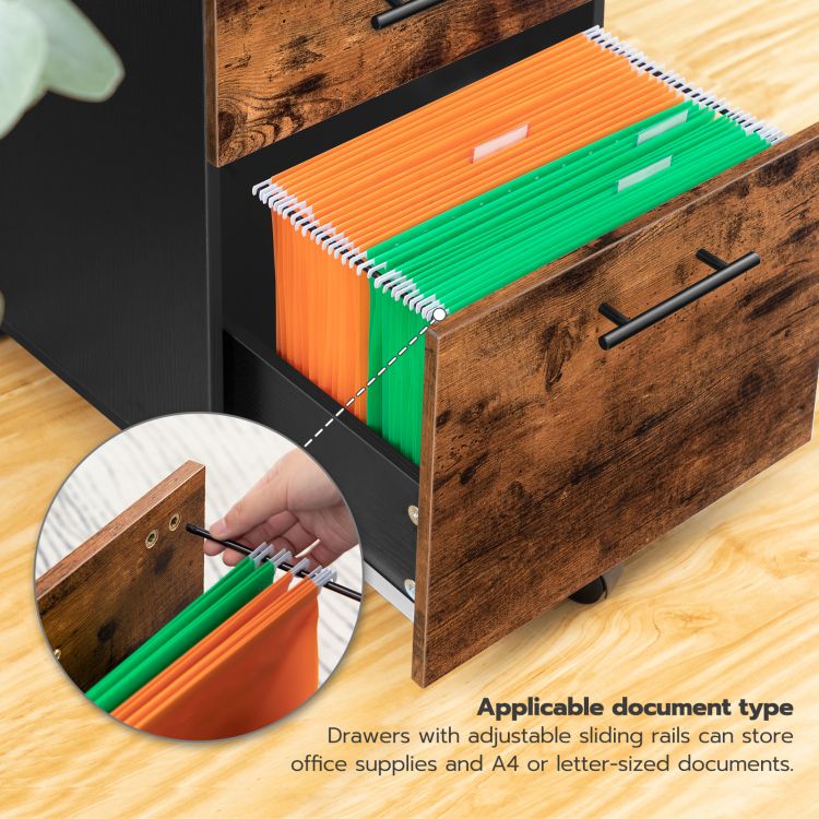 HOOBRO Rollcontainer, Rollen Aktenschrank mit 3 Schubladen, mobiler Büroschrank mit hängenden Aktenfächern, Büro