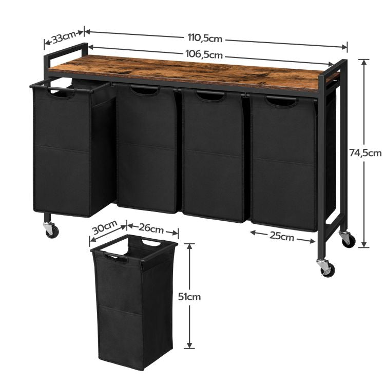 HOOBRO Wäschekorb, Wäschesammler mit Ablage, Wäschebox, Wäschewagen mit Rollen, 4 x 39,8 L, Wäschesack aus Oxford-Gewebe, Abnehmbar