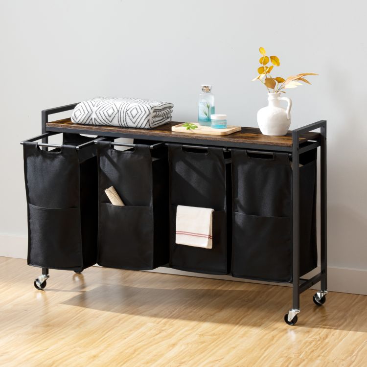 HOOBRO Wäschekorb, Wäschesammler mit Ablage, Wäschebox, Wäschewagen mit Rollen, 4 x 39,8 L, Wäschesack aus Oxford-Gewebe, Abnehmbar