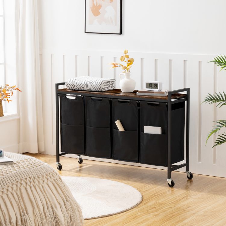 HOOBRO Wäschekorb, Wäschesammler mit Ablage, Wäschebox, Wäschewagen mit Rollen, 4 x 39,8 L, Wäschesack aus Oxford-Gewebe, Abnehmbar