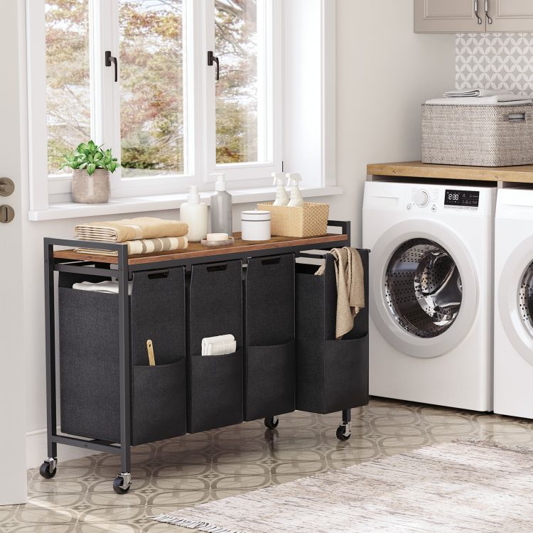 HOOBRO Wäschekorb, Wäschesammler mit Ablage, Wäschebox, Wäschewagen mit Rollen, 4 x 39,8 L, Wäschesack aus Oxford-Gewebe, Abnehmbar