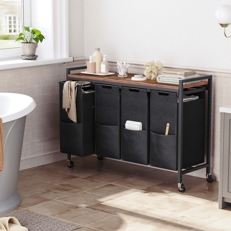 HOOBRO Wäschekorb, Wäschesammler mit Ablage, Wäschebox, Wäschewagen mit Rollen, 4 x 39,8 L, Wäschesack aus Oxford-Gewebe, Abnehmbar