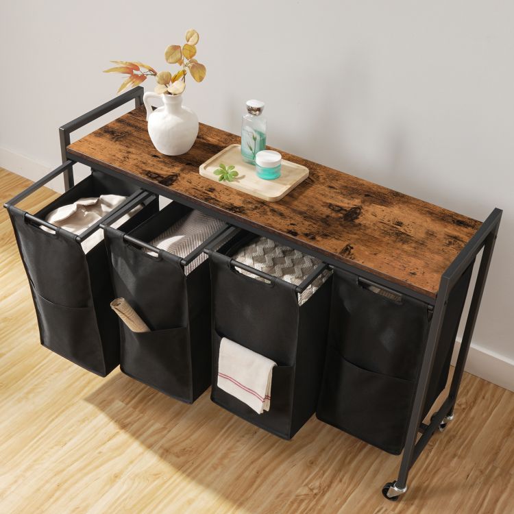 HOOBRO Wäschekorb, Wäschesammler mit Ablage, Wäschebox, Wäschewagen mit Rollen, 4 x 39,8 L, Wäschesack aus Oxford-Gewebe, Abnehmbar