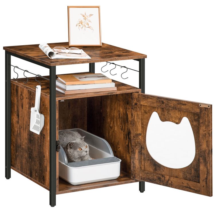 HOOBRO katzenklo Schrank, katzenschrank für katzentoilette und kleine Katzen Holz, katzenschrank katzenhaus mit 6 Haken, für Wohnzimmer