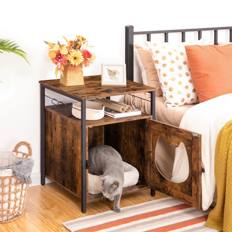 HOOBRO katzenklo Schrank, katzenschrank für katzentoilette und kleine Katzen Holz, katzenschrank katzenhaus mit 6 Haken, für Wohnzimmer