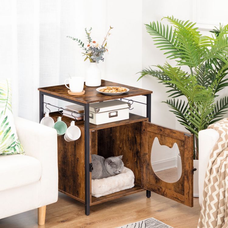 HOOBRO katzenklo Schrank, katzenschrank für katzentoilette und kleine Katzen Holz, katzenschrank katzenhaus mit 6 Haken, für Wohnzimmer