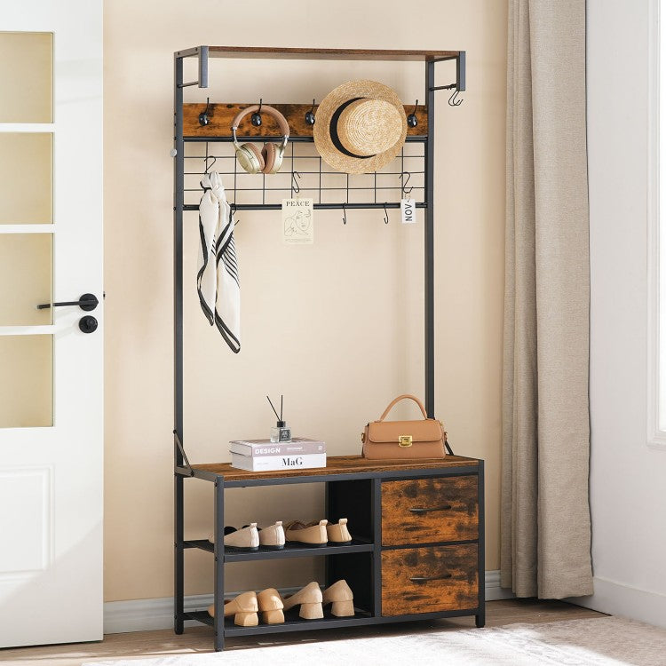 HOOBRO Garderobenständer, Schuhregal mit Garderobe, Garderobe mit Sitzbank, Eingangsmöbel mit Haken und Schubladen aus Vliesstoff, für Wohnzimmer, Flur