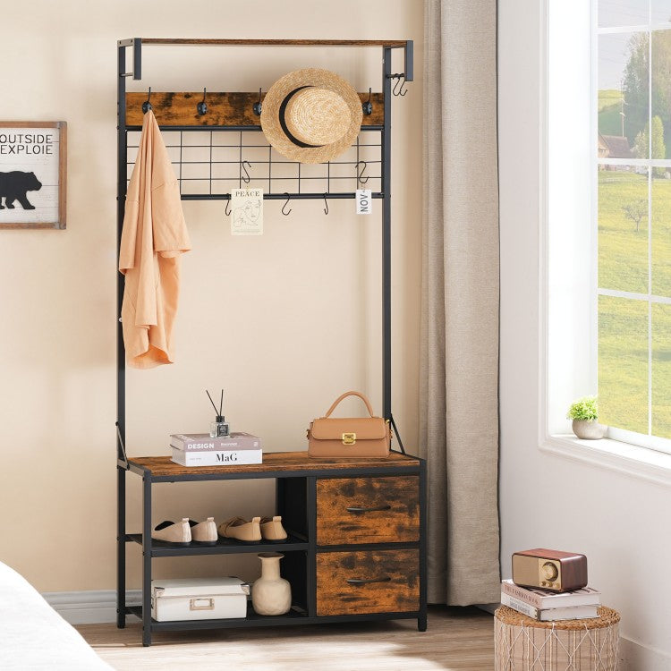 HOOBRO Garderobenständer, Schuhregal mit Garderobe, Garderobe mit Sitzbank, Eingangsmöbel mit Haken und Schubladen aus Vliesstoff, für Wohnzimmer, Flur