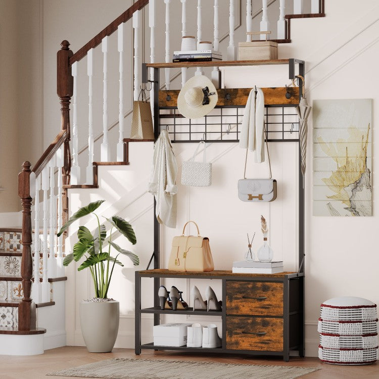 HOOBRO Garderobenständer, Schuhregal mit Garderobe, Garderobe mit Sitzbank, Eingangsmöbel mit Haken und Schubladen aus Vliesstoff, für Wohnzimmer, Flur