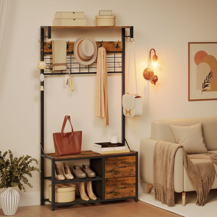 HOOBRO Garderobenständer, Schuhregal mit Garderobe, Garderobe mit Sitzbank, Eingangsmöbel mit Haken und Schubladen aus Vliesstoff, für Wohnzimmer, Flur