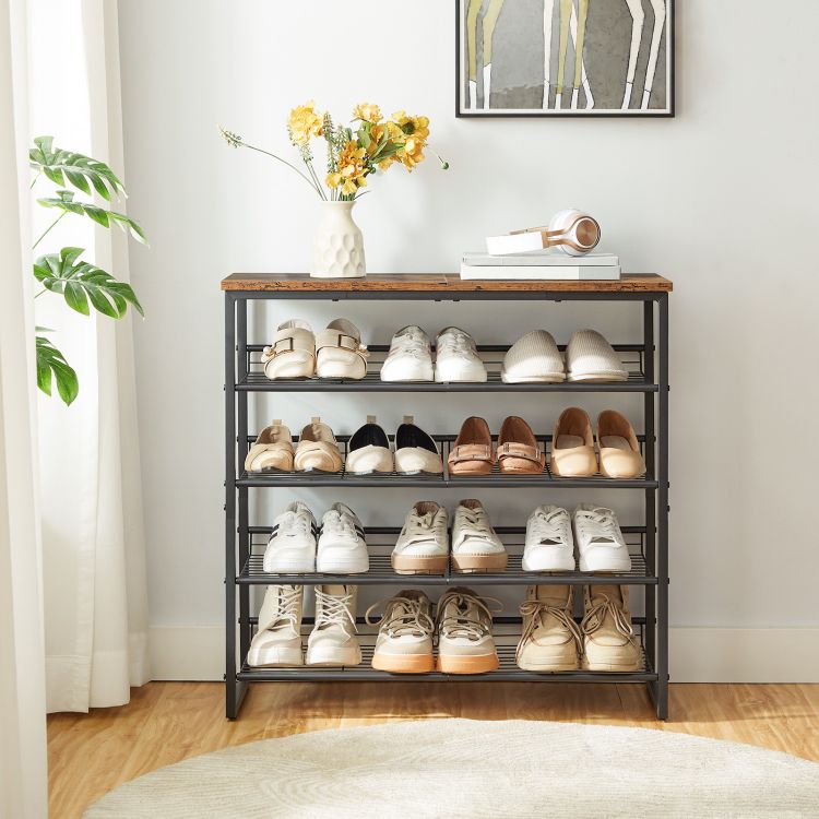 HOOBRO Schuhregal, 5-lagiger Schuhschrank, verstellbare Schuhablage, flach oder neigbar, für 12-16 Paar, stabil, für Eingang, Flur, Wohnzimmer, Schlafzimmer, Vintage