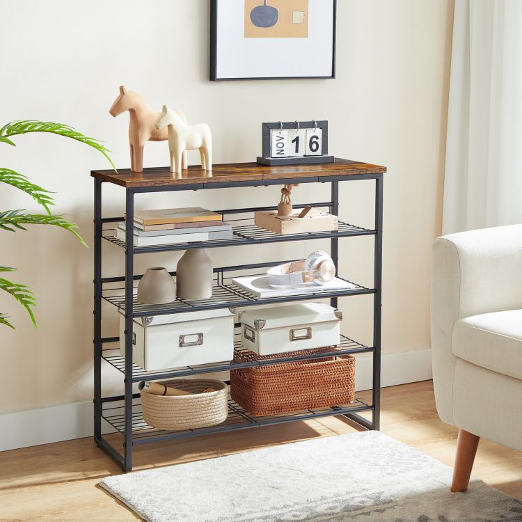 HOOBRO Schuhregal, 5-lagiger Schuhschrank, verstellbare Schuhablage, flach oder neigbar, für 12-16 Paar, stabil, für Eingang, Flur, Wohnzimmer, Schlafzimmer, Vintage