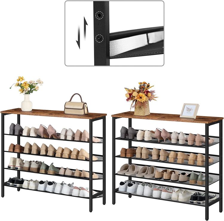 Schuhregal, 5-lagiges Schuhschrank, Verstellbares Schuhablage, Flach und Neigbar, 100 x 30 x 85 cm, Stabil, Metall, Eingang, Korridor, Industrie