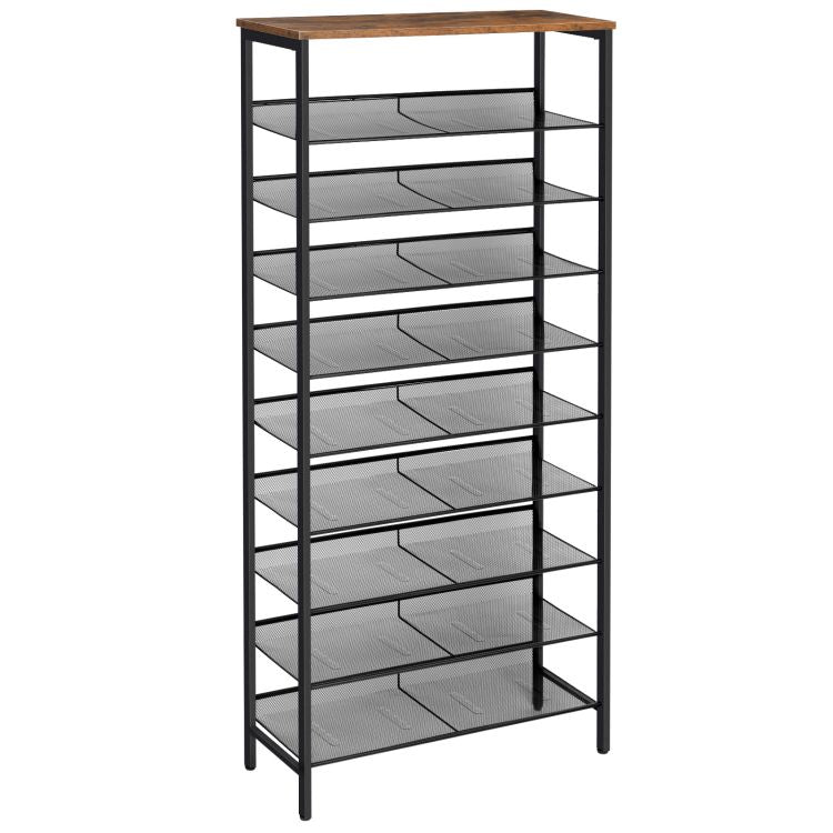 HOOBRO Schuhregal, 10-stöckige hoch Schuhablage, großer Schuhschrank, für 27-36 Paar Schuhe, mit flachen und neigbaren Metallregalen, platzsparend, für Flur, Dunkel