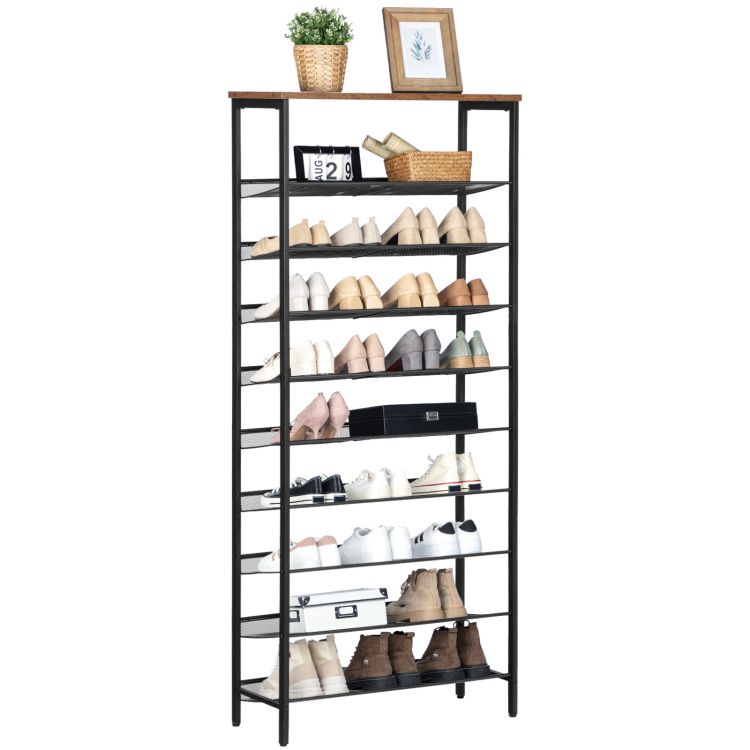 HOOBRO Schuhregal, 10-stöckige hoch Schuhablage, großer Schuhschrank, für 27-36 Paar Schuhe, mit flachen und neigbaren Metallregalen, platzsparend, für Flur, Dunkel