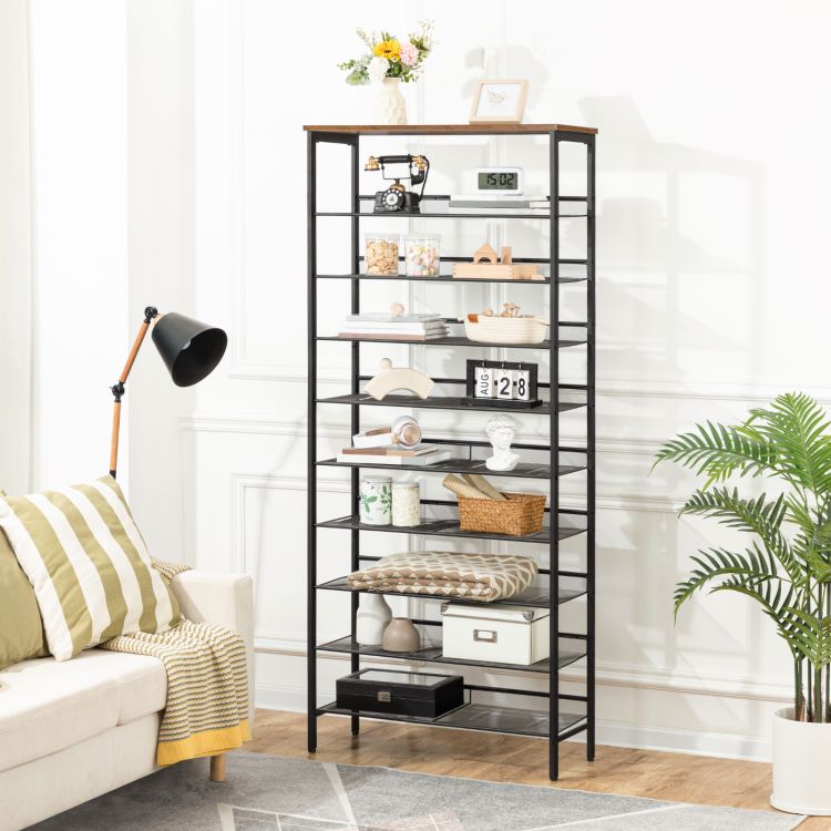 HOOBRO Schuhregal, 10-stöckige hoch Schuhablage, großer Schuhschrank, für 27-36 Paar Schuhe, mit flachen und neigbaren Metallregalen, platzsparend, für Flur, Dunkel