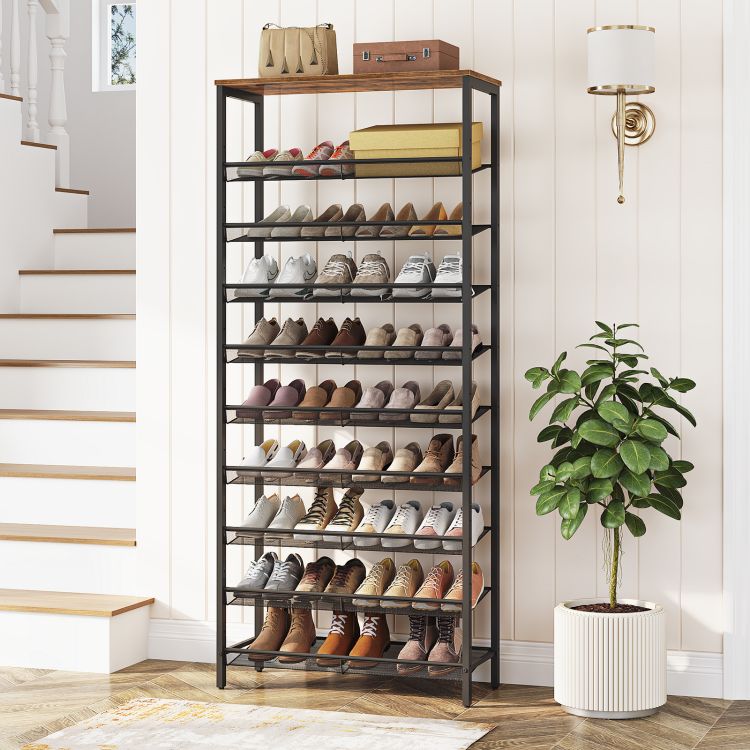 HOOBRO Schuhregal, 10-stöckige hoch Schuhablage, großer Schuhschrank, für 27-36 Paar Schuhe, mit flachen und neigbaren Metallregalen, platzsparend, für Flur, Dunkel