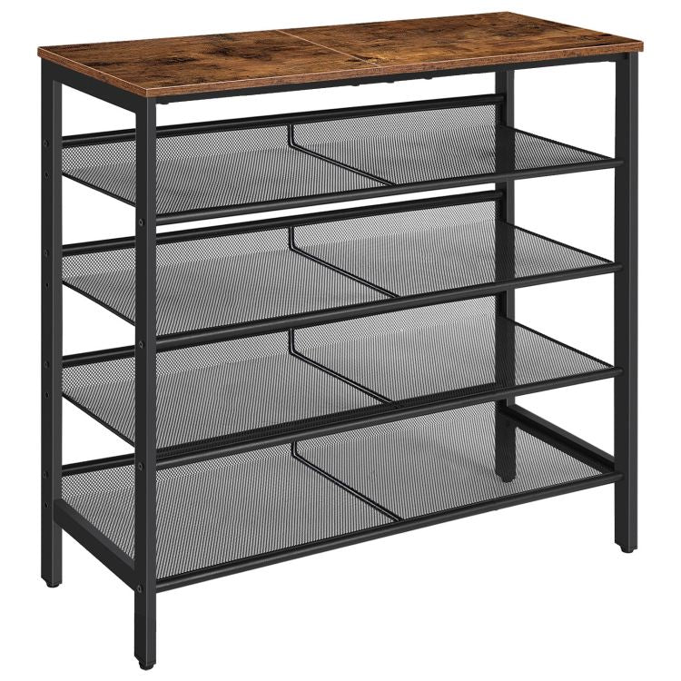 HOOBRO Schuhregal, 5-stöckiges Schuhablage, Schuhschrank, verstellbares Metallgitterregal, Geräumige Oberseite, für 16-20 Paar, Eingang, Korridor, Industrie, vintage