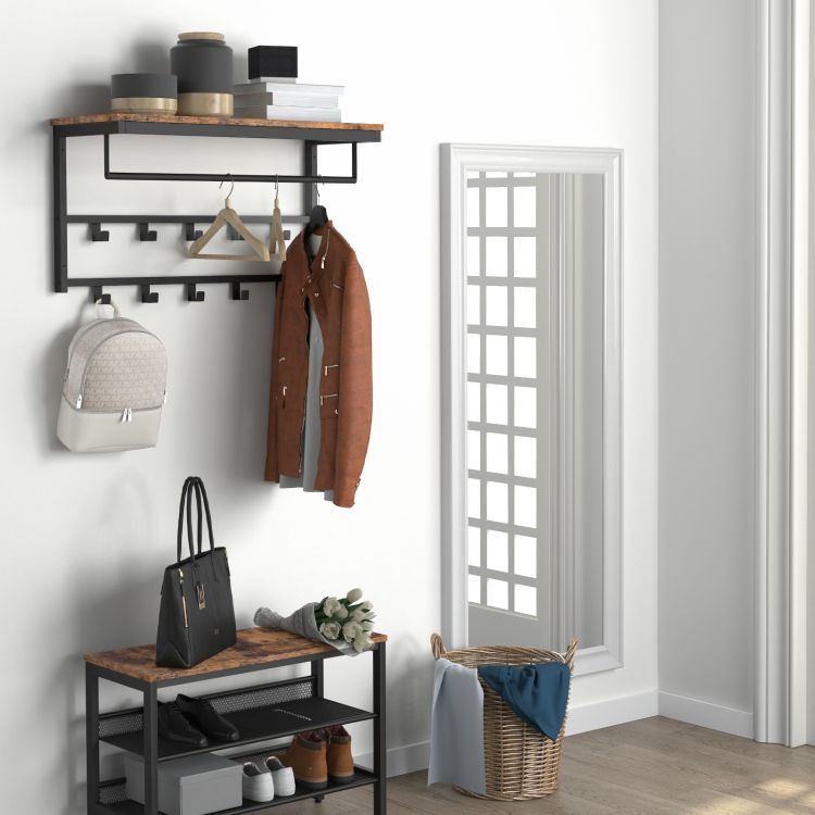 HOOBRO Wandgarderobe mit 10 Haken und Regal, Schienen, geeignet für Flur, Wohnzimmer, Schlafzimmer, Badezimmer, Industriestil