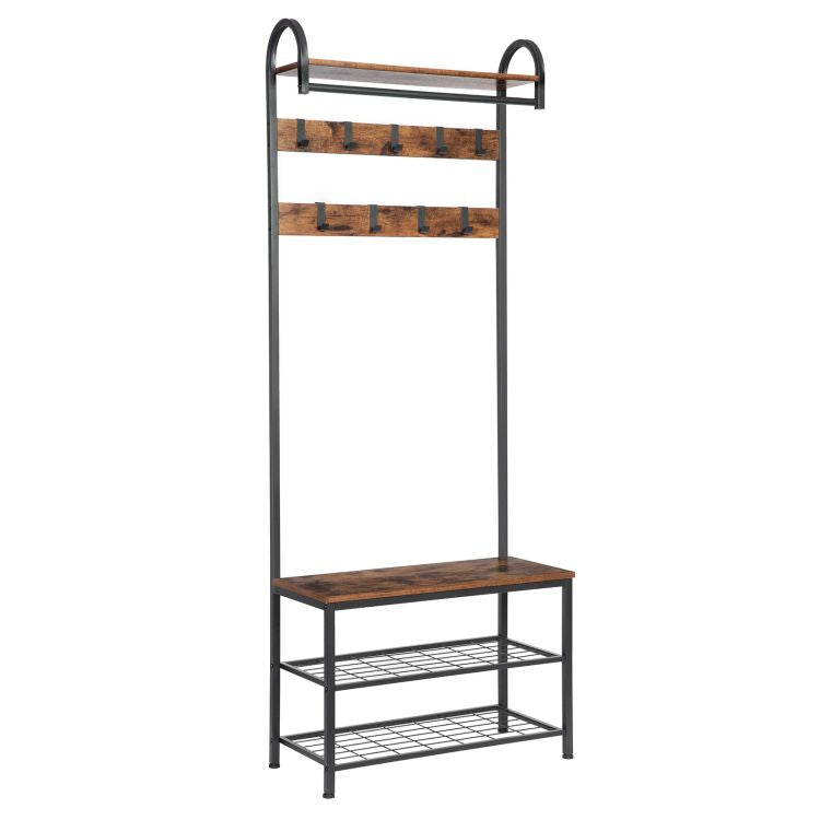 HOOBRO Garderobe, Garderobenständer, Schuhregal mit Sitzfläche, Kleiderständer mit 9 Haken, Sitzbank, Kleiderstange, 182 cm hoch, Flur, Wohnzimmer, Metallrahmen