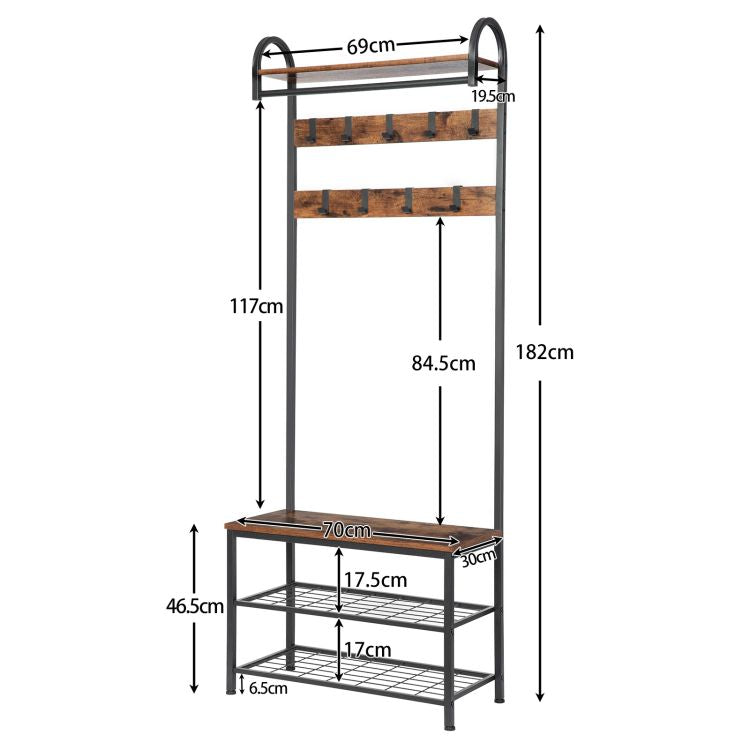 HOOBRO Garderobe, Garderobenständer, Schuhregal mit Sitzfläche, Kleiderständer mit 9 Haken, Sitzbank, Kleiderstange, 182 cm hoch, Flur, Wohnzimmer, Metallrahmen