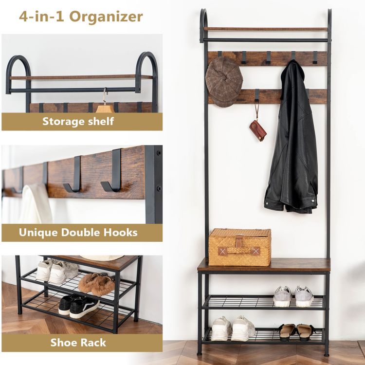 HOOBRO Garderobe, Garderobenständer, Schuhregal mit Sitzfläche, Kleiderständer mit 9 Haken, Sitzbank, Kleiderstange, 182 cm hoch, Flur, Wohnzimmer, Metallrahmen