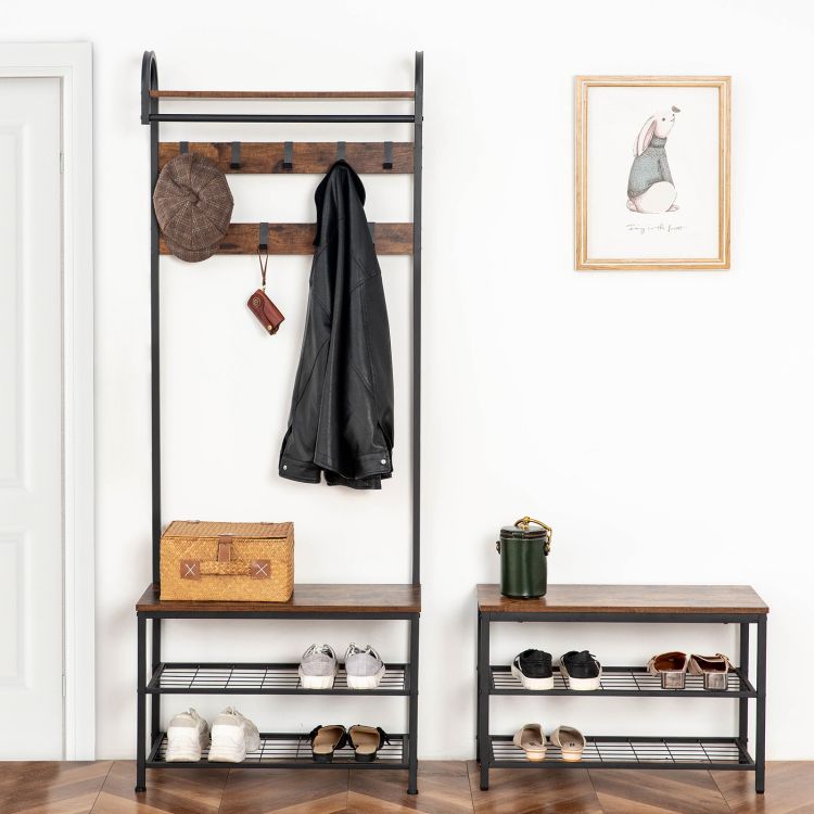 HOOBRO Garderobe, Garderobenständer, Schuhregal mit Sitzfläche, Kleiderständer mit 9 Haken, Sitzbank, Kleiderstange, 182 cm hoch, Flur, Wohnzimmer, Metallrahmen