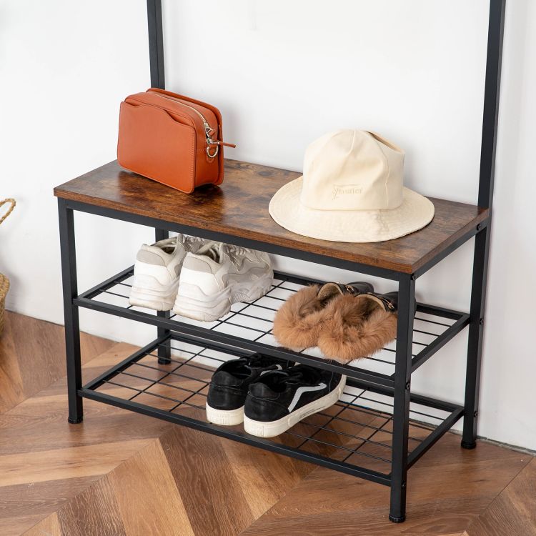 HOOBRO Garderobe, Garderobenständer, Schuhregal mit Sitzfläche, Kleiderständer mit 9 Haken, Sitzbank, Kleiderstange, 182 cm hoch, Flur, Wohnzimmer, Metallrahmen