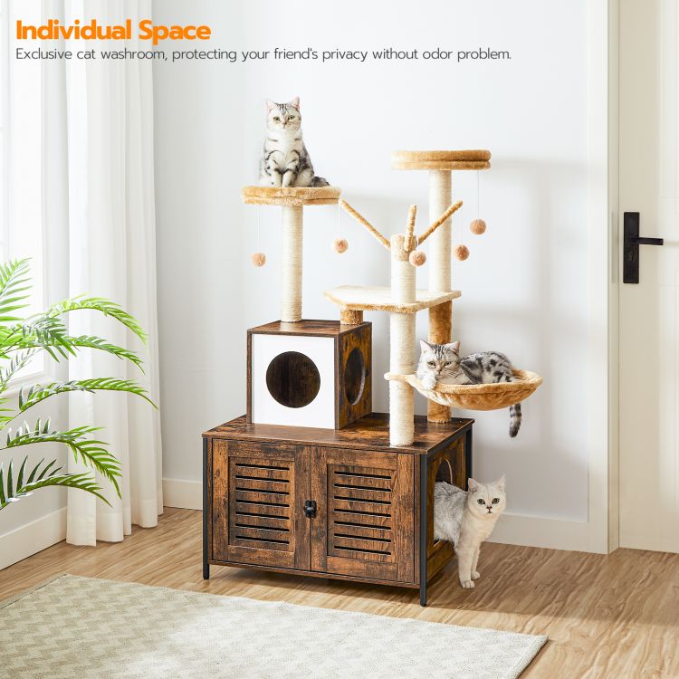 HOOBRO kratzbaum mit katzenklo Schrank, katzenbaumTurm, All-in-One-Katzenmöbel für drinnen, versteckte Katzentoilettenmöbel, 132 cm, Abnehmbare Plüschball-Stangen