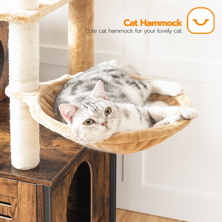 HOOBRO kratzbaum mit katzenklo Schrank, katzenbaumTurm, All-in-One-Katzenmöbel für drinnen, versteckte Katzentoilettenmöbel, 132 cm, Abnehmbare Plüschball-Stangen