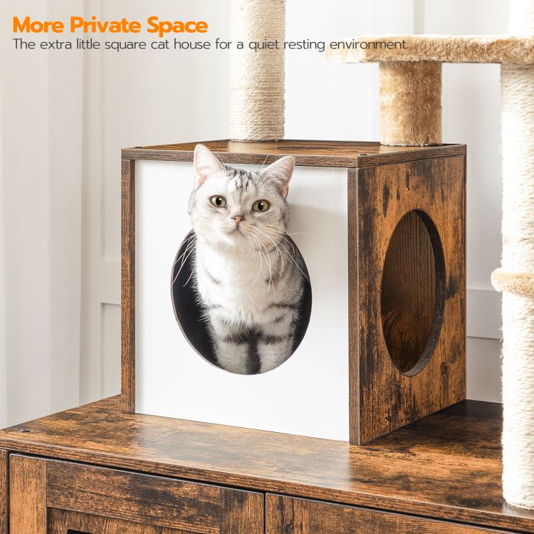 HOOBRO kratzbaum mit katzenklo Schrank, katzenbaumTurm, All-in-One-Katzenmöbel für drinnen, versteckte Katzentoilettenmöbel, 132 cm, Abnehmbare Plüschball-Stangen