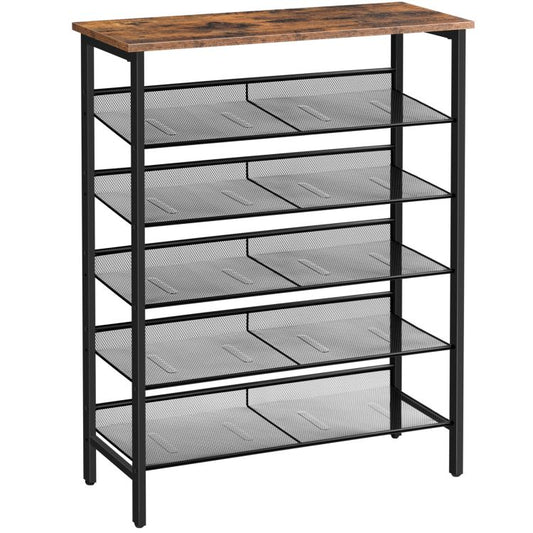 HOOBRO Schuhregal, 6-lagiges Schuhschrank, Verstellbares Schuhablage, Flach und Neigbar, für 18-24 Paar Schuhe, Stabil, Eingang, Korridor, Industrie, vintage