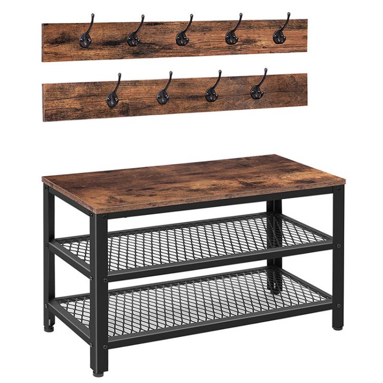 HOOBRO Garderobe Schuhbank Set, Garderobenständer mit Sitzbank, Schuhregal mit Sitzfläche, 9 Haken, Industriestil, Metallrahmen, für Flur, Eingangsbereich