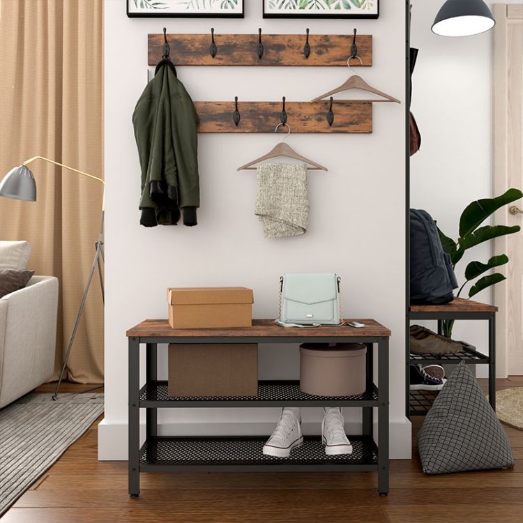 HOOBRO Garderobe Schuhbank Set, Garderobenständer mit Sitzbank, Schuhregal mit Sitzfläche, 9 Haken, Industriestil, Metallrahmen, für Flur, Eingangsbereich