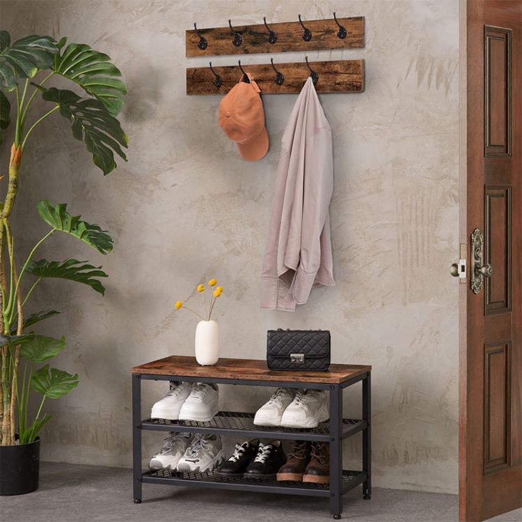 HOOBRO Garderobe Schuhbank Set, Garderobenständer mit Sitzbank, Schuhregal mit Sitzfläche, 9 Haken, Industriestil, Metallrahmen, für Flur, Eingangsbereich
