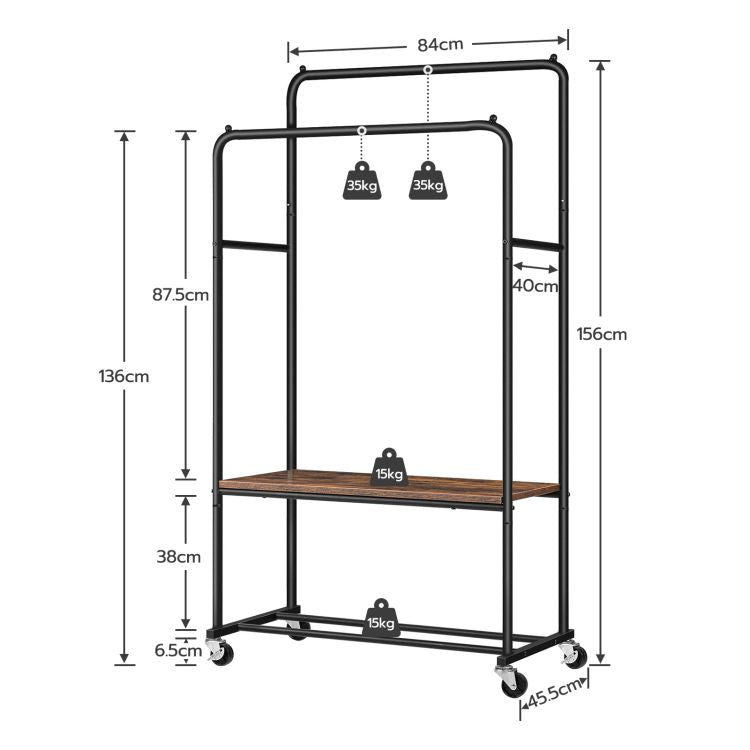 HOOBRO Kleiderständer, 2 Kleiderstangen, Garderobenständer mit Rollen und 2 Ablagen, Industrie-Design, für Schlafzimmer, Flur