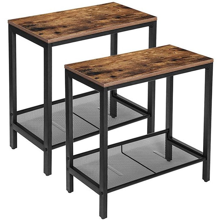 HOOBRO Beistelltisch, Nachttisch 2er Set, Sofatisch mit Verstellbarer Gitterablage, schhmaler Couchtisch, Nachtschrank für kleine Räume, Industrie-Design, stabil, leicht zu montieren