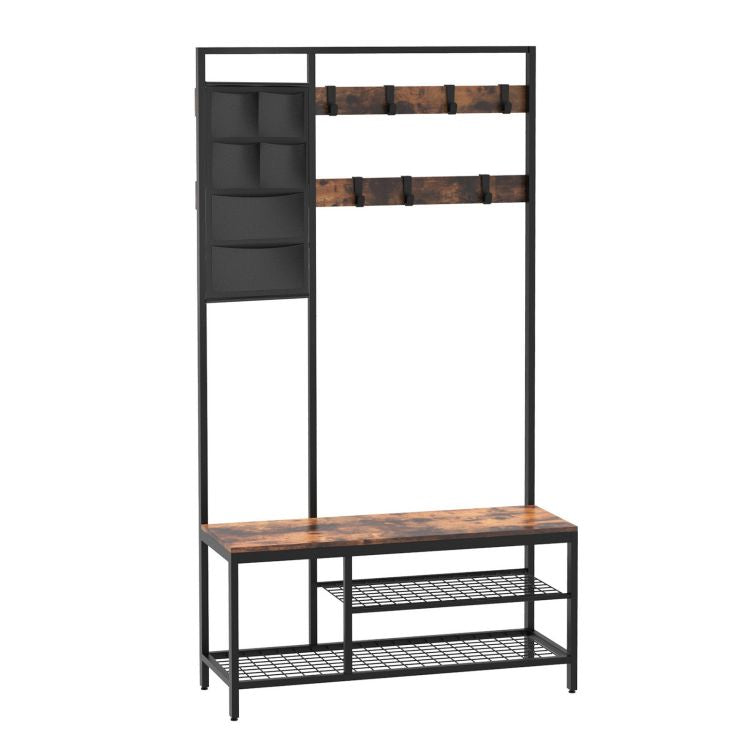 HOOBRO Garderobenständer, Garderobe, Kleiderständer mit 6 staschen und 9 Haken, Schuhregal mit Sitzfläche, Sitzbank, Viel Stauraum, für Flur, Wohnzimmer