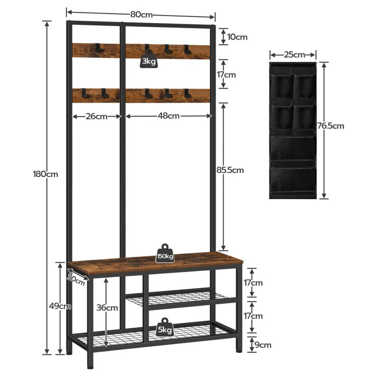 HOOBRO Garderobenständer, Garderobe, Kleiderständer mit 6 staschen und 9 Haken, Schuhregal mit Sitzfläche, Sitzbank, Viel Stauraum, für Flur, Wohnzimmer