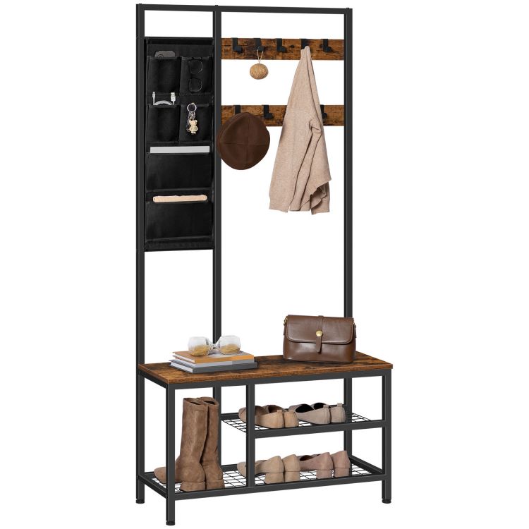 HOOBRO Garderobenständer, Garderobe, Kleiderständer mit 6 staschen und 9 Haken, Schuhregal mit Sitzfläche, Sitzbank, Viel Stauraum, für Flur, Wohnzimmer