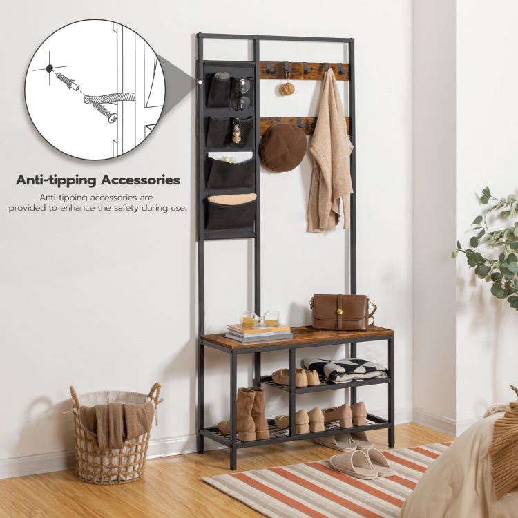 HOOBRO Garderobenständer, Garderobe, Kleiderständer mit 6 staschen und 9 Haken, Schuhregal mit Sitzfläche, Sitzbank, Viel Stauraum, für Flur, Wohnzimmer
