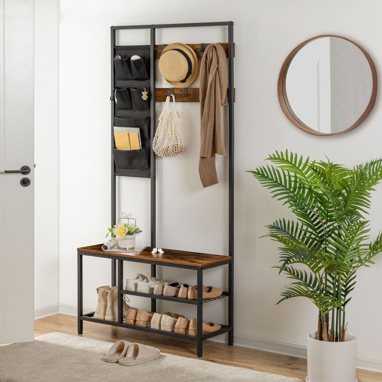 HOOBRO Garderobenständer, Garderobe, Kleiderständer mit 6 staschen und 9 Haken, Schuhregal mit Sitzfläche, Sitzbank, Viel Stauraum, für Flur, Wohnzimmer