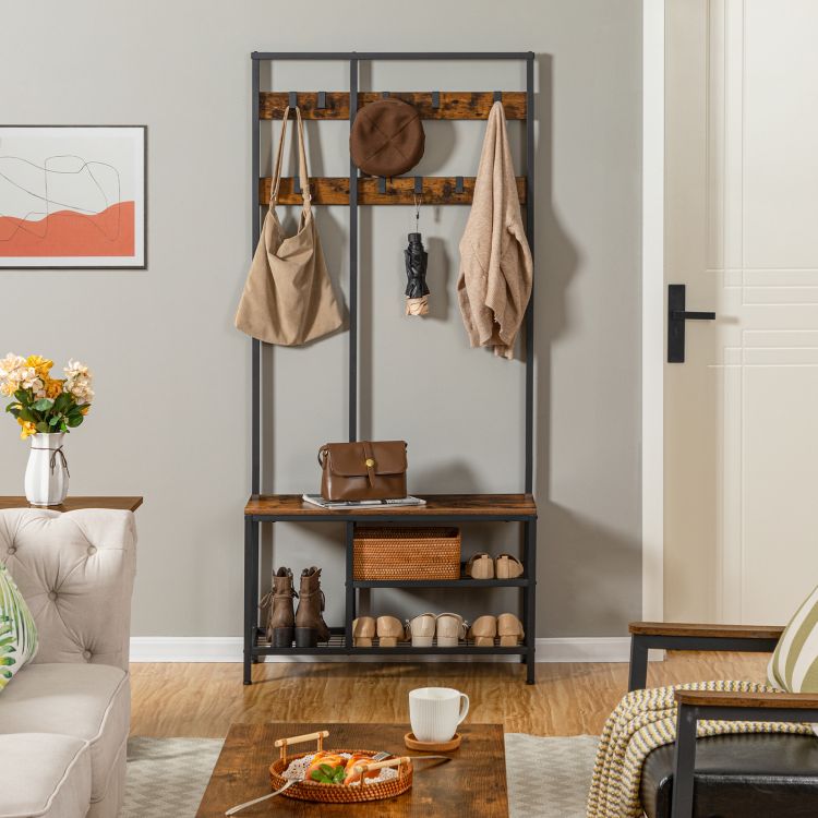 HOOBRO Garderobenständer, Garderobe, Kleiderständer mit 6 staschen und 9 Haken, Schuhregal mit Sitzfläche, Sitzbank, Viel Stauraum, für Flur, Wohnzimmer